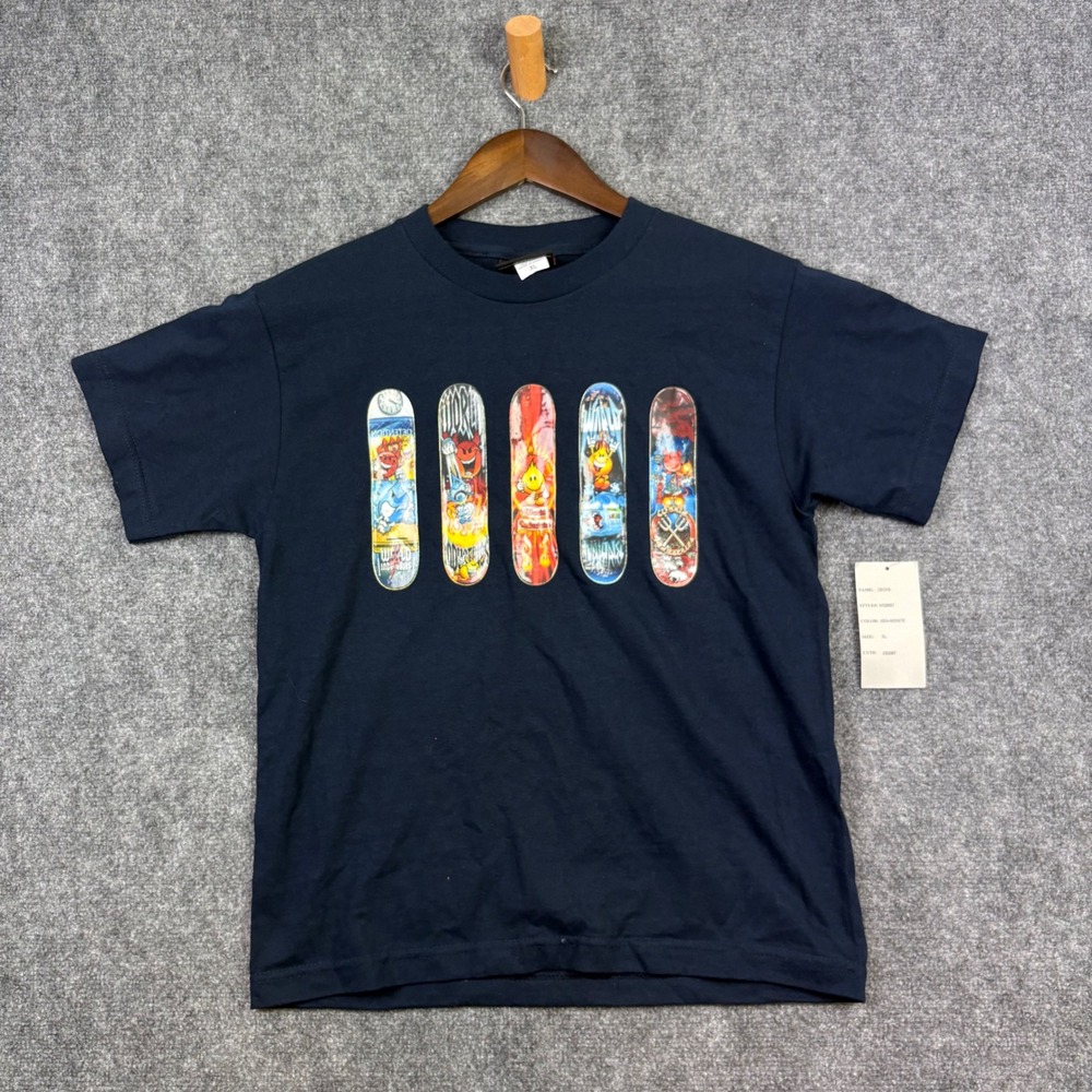 World Industries T-Shirt Kids XL Blue Skateboard Decks Flameboy Wet Willy NWT